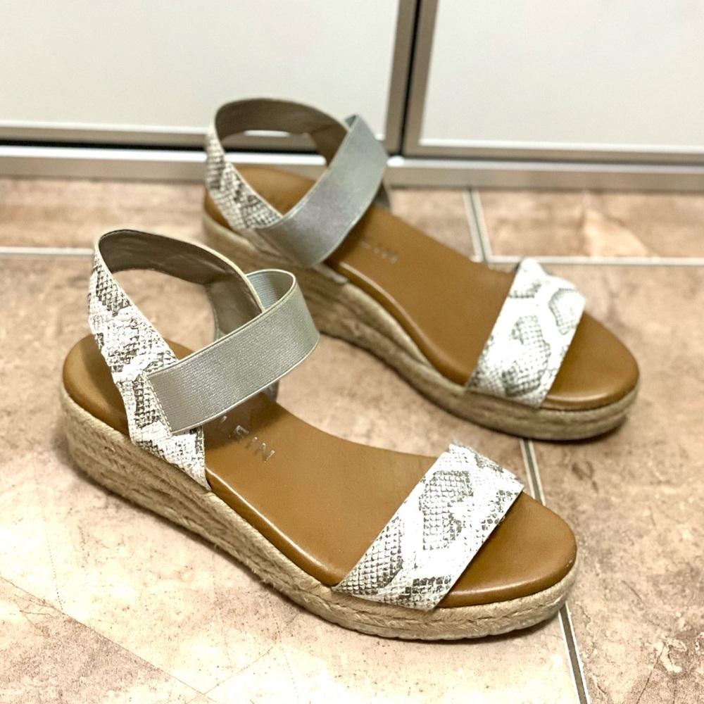 Anne Klein Women's Cait Gray Silver Faux Snake print Espadrille Wedge Sandals